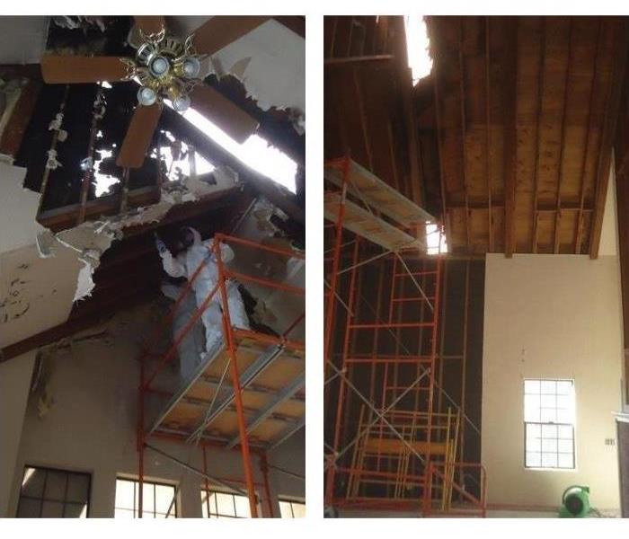 Servpro technician on a latter fixing the open ceiling/roof.